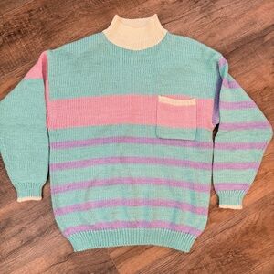Vtg Pastel 80s 90 Knit Striped Pastel Sweater Women Colorblock Girlhoodcore Mock